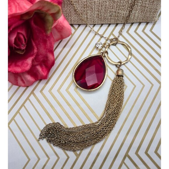 Veronese Signed Gold Tone Tassel Red Teardrop & Crystal Pendant Necklace 32" - Picture 9 of 11